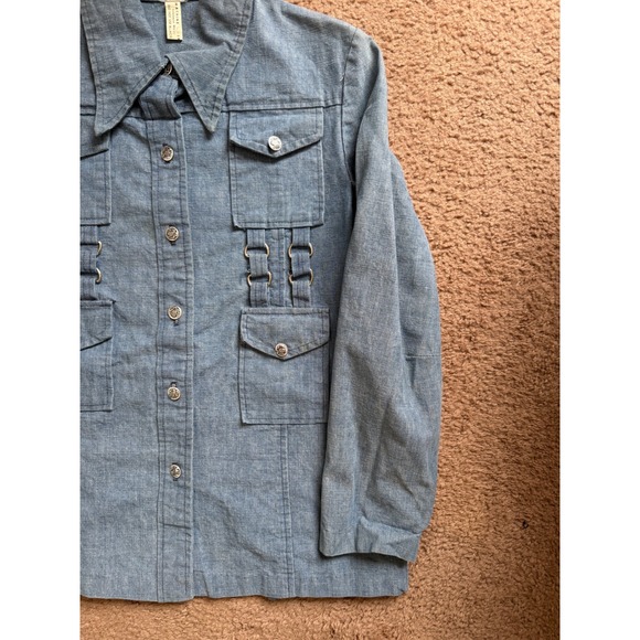 VTG Denim Utility Jacket Womens Small Blue Button Front Pockets D Ring Detail - Picture 2 of 9